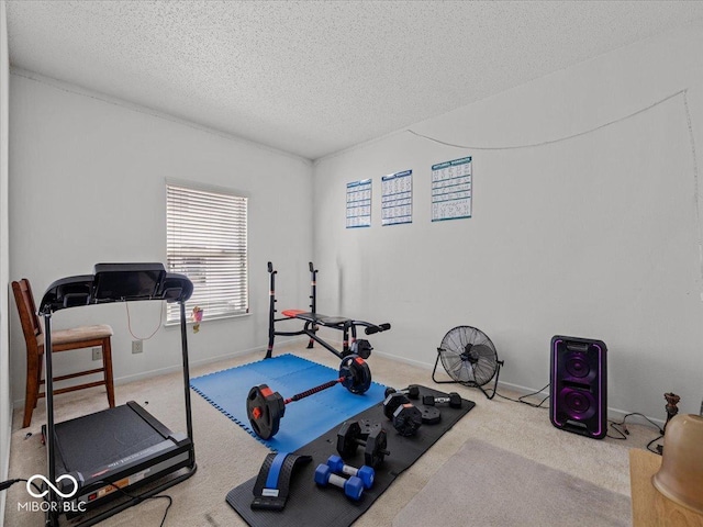 exercise area featuring carpet flooring, a textured ceiling, and baseboards