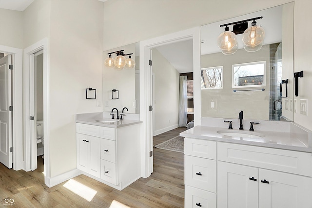 bathroom featuring wood finished floors, two vanities, baseboards, and a sink