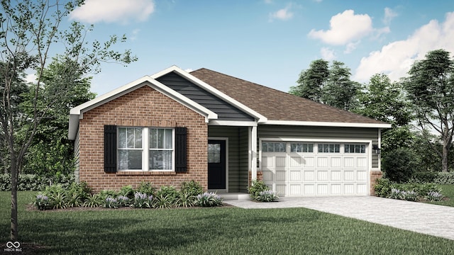 view of front of house featuring driveway, a front yard, a shingled roof, a garage, and brick siding