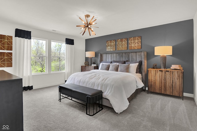 carpeted bedroom featuring radiator heating unit, visible vents, and baseboards