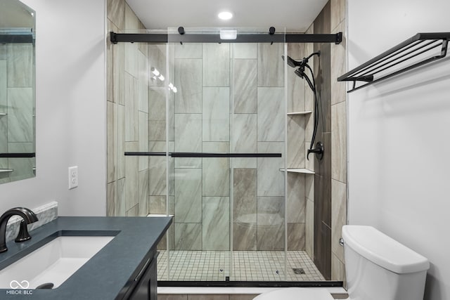 full bathroom featuring a shower stall, toilet, and vanity