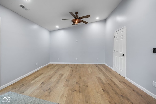 unfurnished room with recessed lighting, visible vents, baseboards, and light wood-style floors