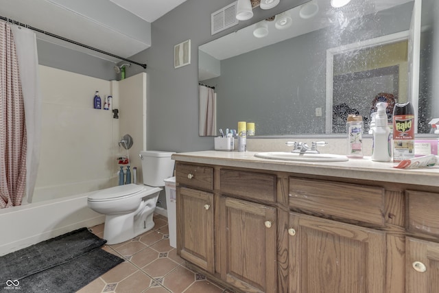 full bathroom with visible vents, shower / bath combo with shower curtain, toilet, tile patterned flooring, and vanity