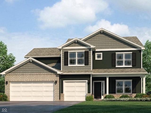 craftsman-style home featuring brick siding, driveway, and a front lawn