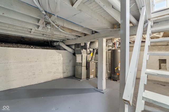 unfinished basement with gas water heater and heating unit