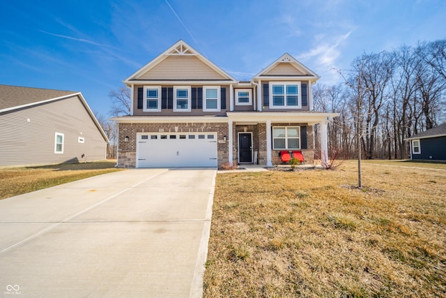 craftsman inspired home with concrete driveway, a garage, brick siding, and a front lawn