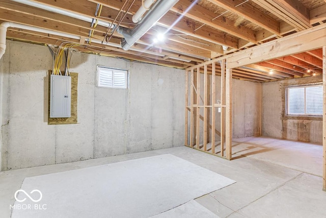 basement with electric panel and a wealth of natural light