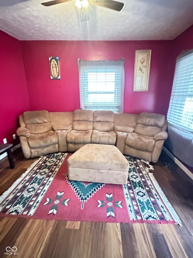 living area with a healthy amount of sunlight, a textured ceiling, baseboards, and wood finished floors