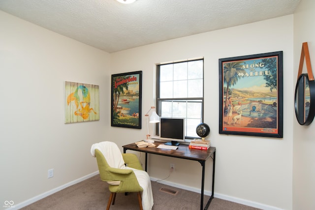 office space featuring carpet flooring, visible vents, and a textured ceiling