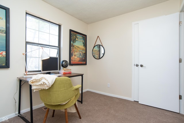 office area with baseboards, carpet floors, and a textured ceiling