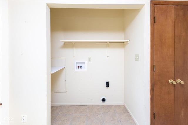 laundry room with light tile patterned floors, baseboards, hookup for an electric dryer, laundry area, and washer hookup