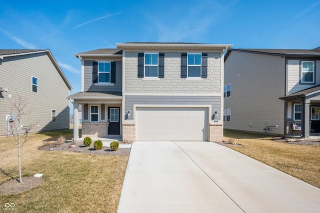 view of front of property featuring brick siding, an attached garage, concrete driveway, and a front yard