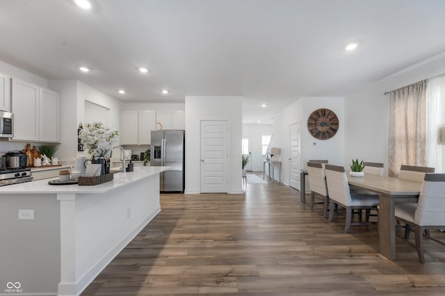 kitchen featuring dark wood-style floors, recessed lighting, stainless steel appliances, light countertops, and white cabinetry