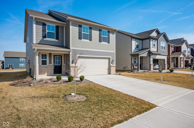 view of front facade with concrete driveway, brick siding, a residential view, and a front yard