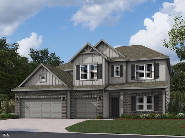 craftsman inspired home with brick siding, board and batten siding, a front lawn, concrete driveway, and roof with shingles