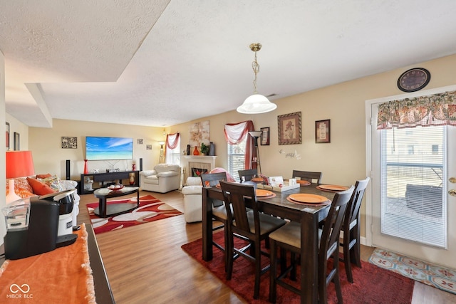 dining area featuring a tile fireplace, a textured ceiling, and wood finished floors