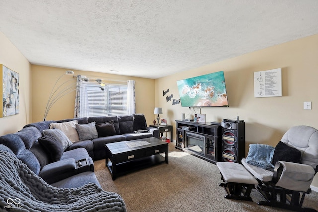 carpeted living area with a textured ceiling