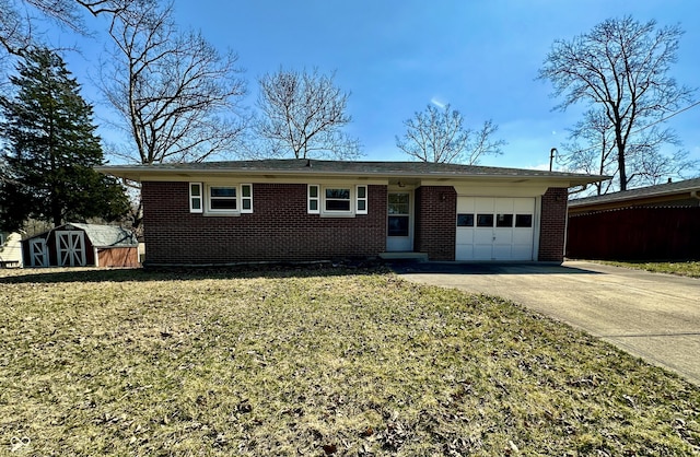 ranch-style house with concrete driveway, brick siding, a garage, and a shed