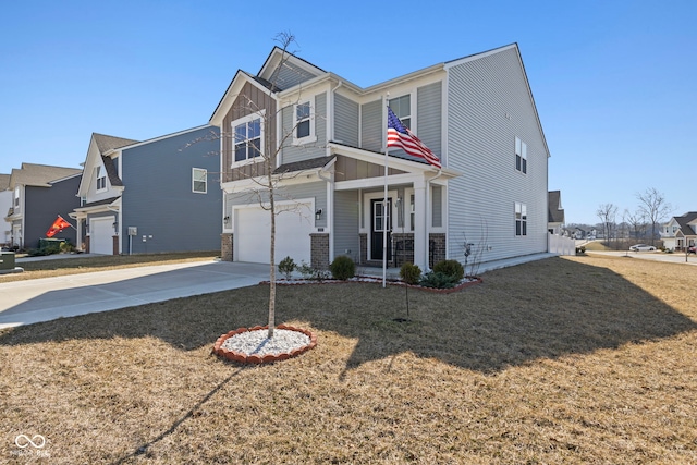 view of front of home featuring a porch, a residential view, an attached garage, and driveway