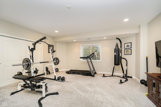 workout area with recessed lighting, baseboards, and carpet