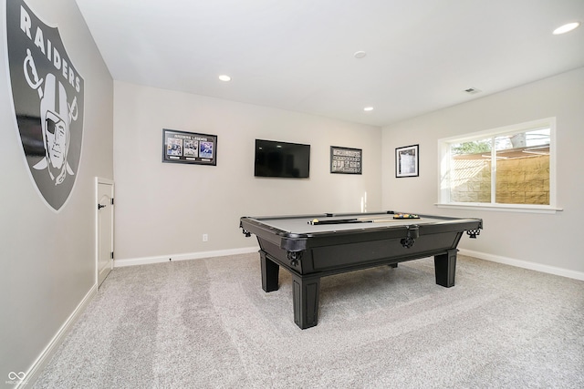 game room featuring billiards, recessed lighting, baseboards, and carpet floors