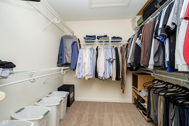 walk in closet featuring light carpet and attic access