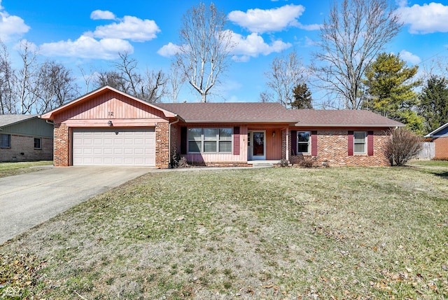 ranch-style home with a garage, brick siding, concrete driveway, and a front yard