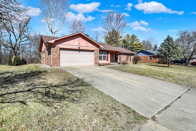 ranch-style house featuring a garage, a front lawn, brick siding, and driveway