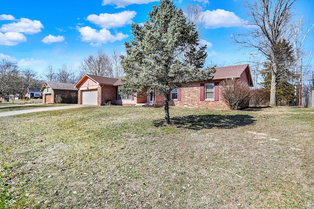 ranch-style home with driveway, roof with shingles, a front lawn, a garage, and brick siding