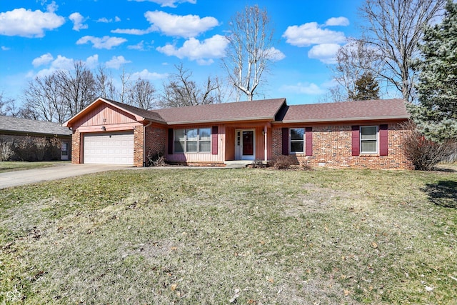 single story home featuring a front lawn, roof with shingles, concrete driveway, a garage, and brick siding