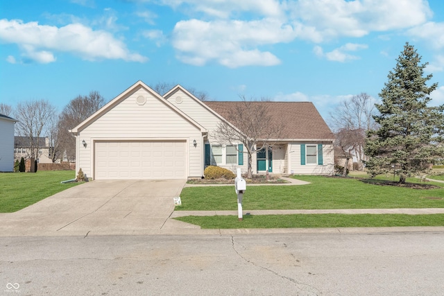 single story home with a front yard, an attached garage, driveway, and a shingled roof