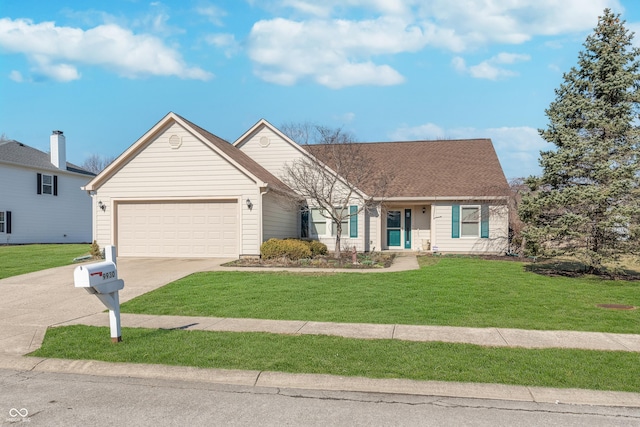 view of front of house featuring a front lawn, concrete driveway, an attached garage, and a shingled roof