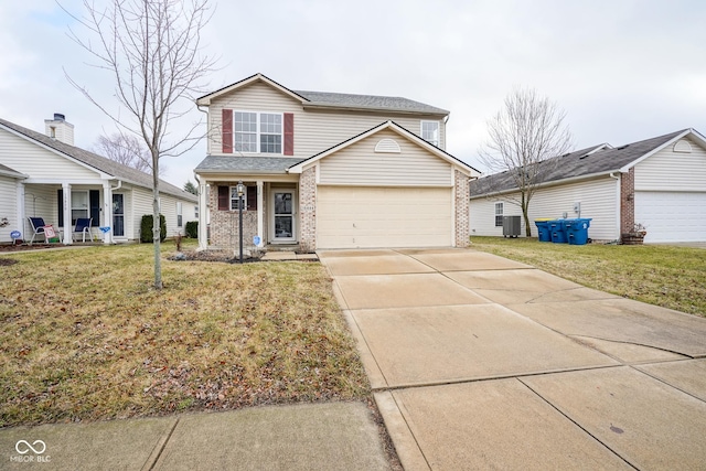 traditional-style home with driveway, brick siding, a porch, and a front lawn