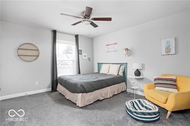 carpeted bedroom with baseboards and ceiling fan