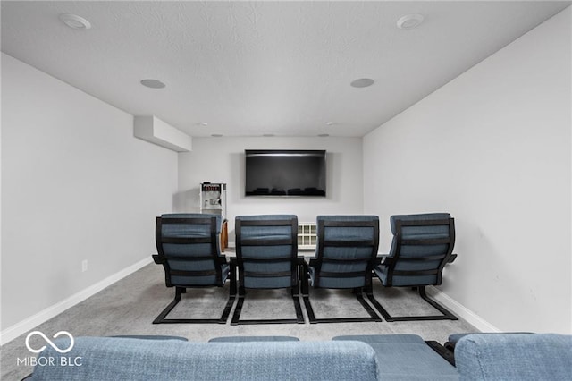 cinema room with carpet, baseboards, and a textured ceiling