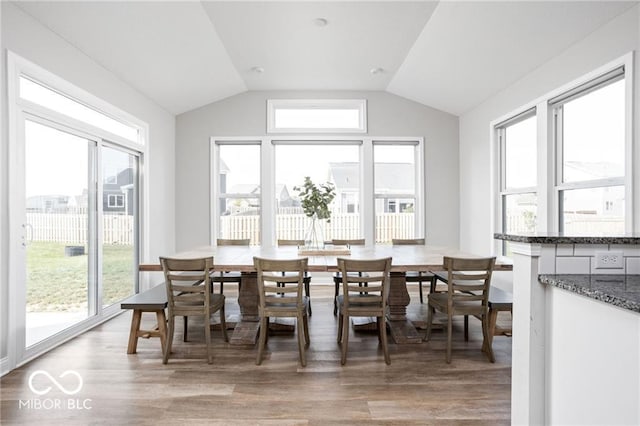 dining room featuring plenty of natural light, wood finished floors, and vaulted ceiling