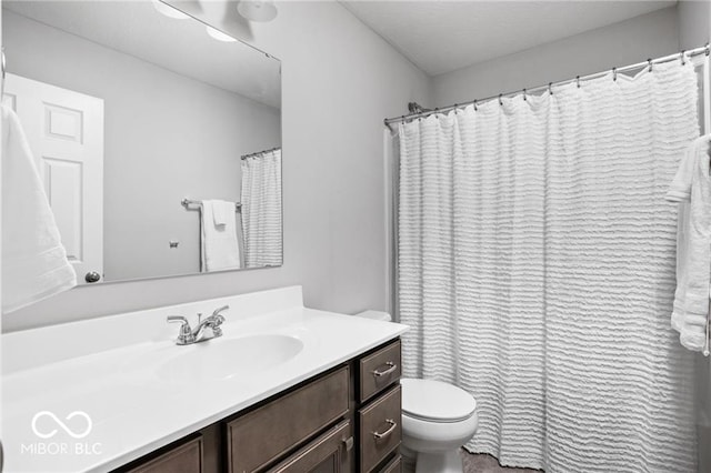 full bathroom with vanity, toilet, and a shower with curtain