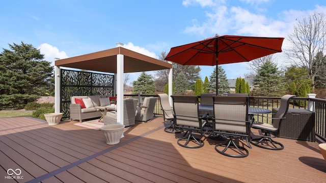 wooden deck featuring an outdoor living space and outdoor dining area