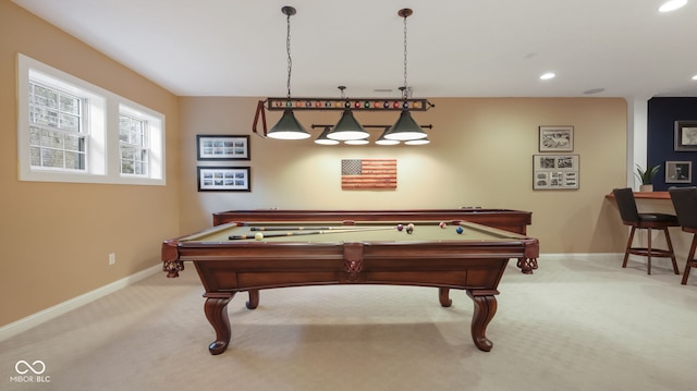 playroom featuring billiards, recessed lighting, light colored carpet, and baseboards