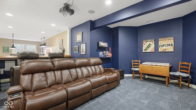 home theater room featuring carpet flooring, recessed lighting, and baseboards