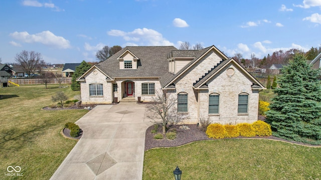 french country home with driveway, fence, a front yard, a shingled roof, and brick siding