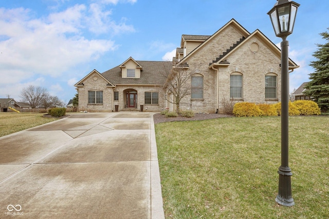 view of front of home featuring brick siding and a front yard