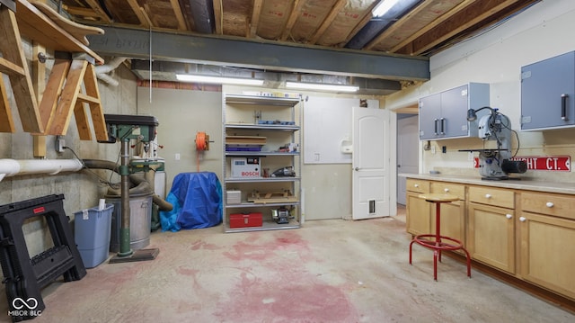 unfinished basement featuring a wood stove