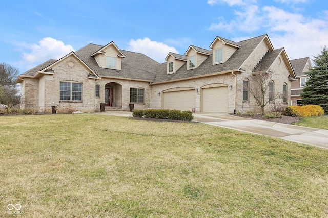 french country inspired facade featuring a front lawn, concrete driveway, a shingled roof, a garage, and brick siding