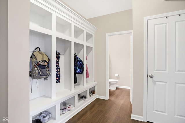 mudroom with dark wood-type flooring and baseboards