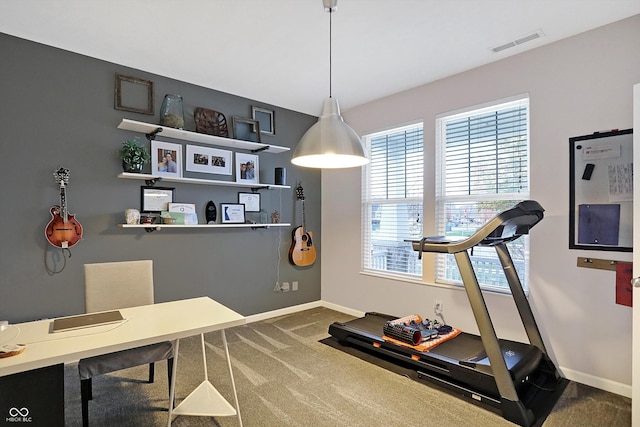 workout room featuring visible vents, baseboards, and carpet floors