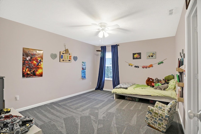 bedroom with a ceiling fan, carpet flooring, baseboards, and visible vents