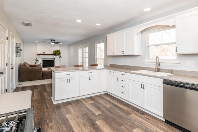 kitchen featuring a sink, plenty of natural light, dishwasher, and a fireplace