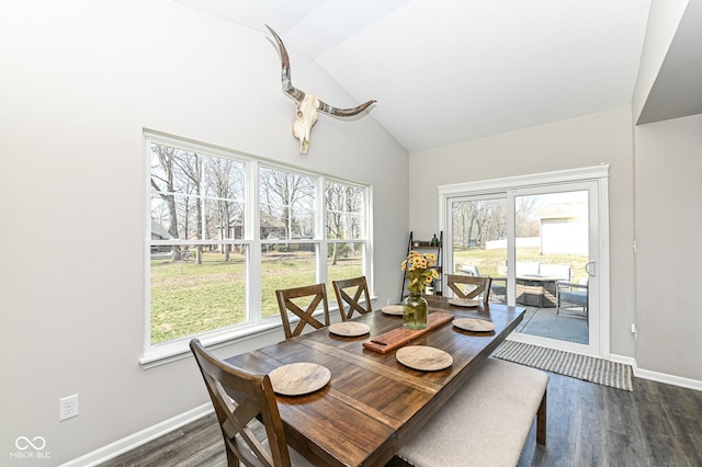 dining area with baseboards, dark wood-type flooring, a healthy amount of sunlight, and high vaulted ceiling