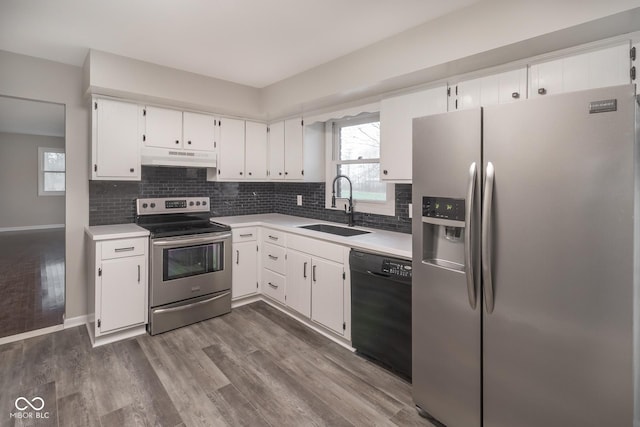 kitchen featuring dark wood finished floors, a sink, stainless steel appliances, under cabinet range hood, and tasteful backsplash